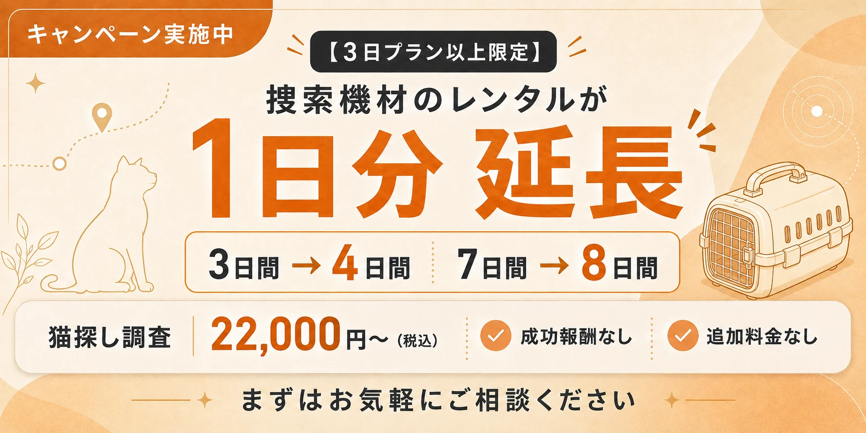 キャンペーン実施中。3日プラン以上限定、捜索機材のレンタルが1日分延長。3日間→4日間、7日間→8日間。猫探し調査 22,000円〜（税込）、成功報酬なし・追加料金なし。まずはお気軽にご相談ください。