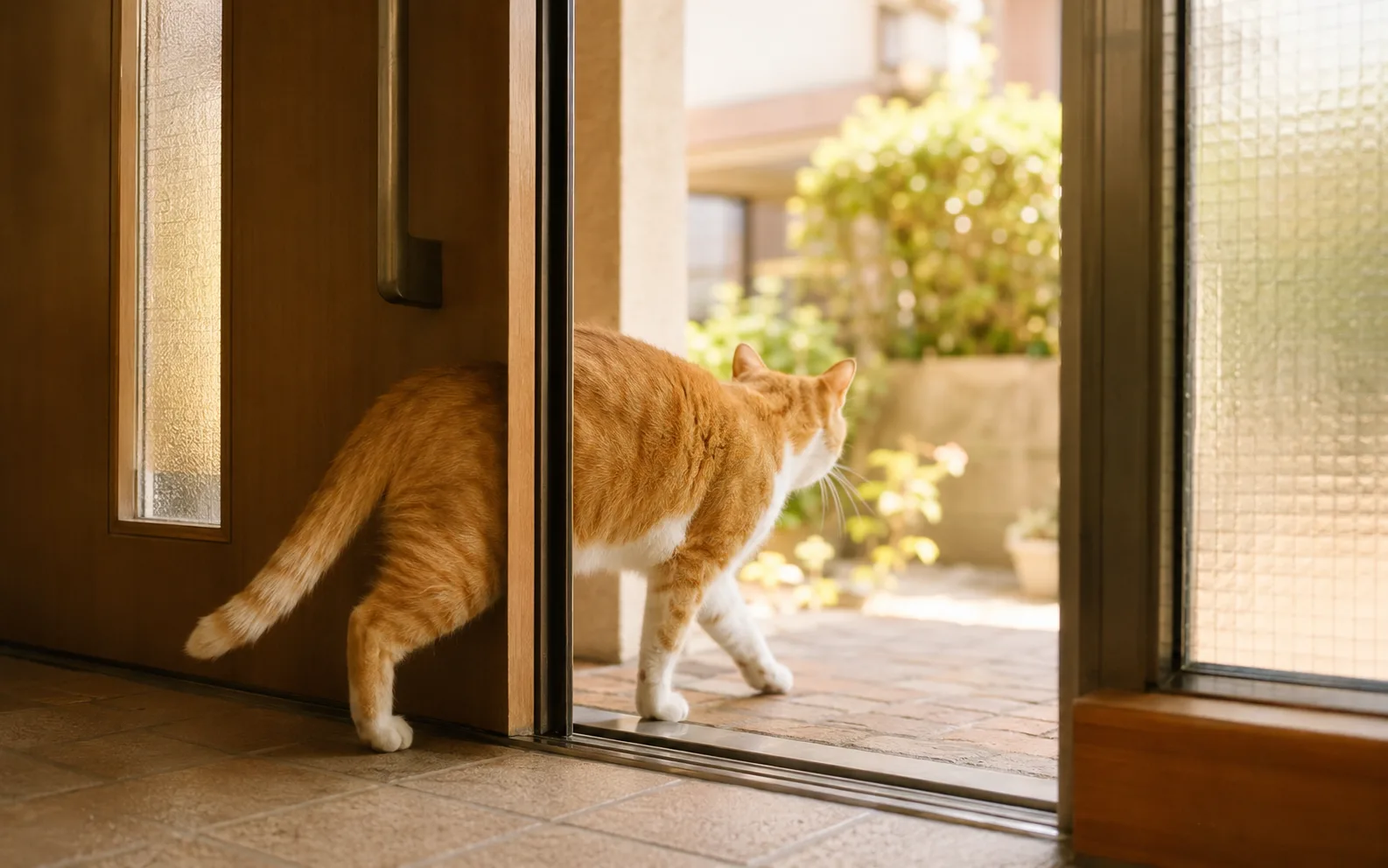 玄関から外へ出ていく猫