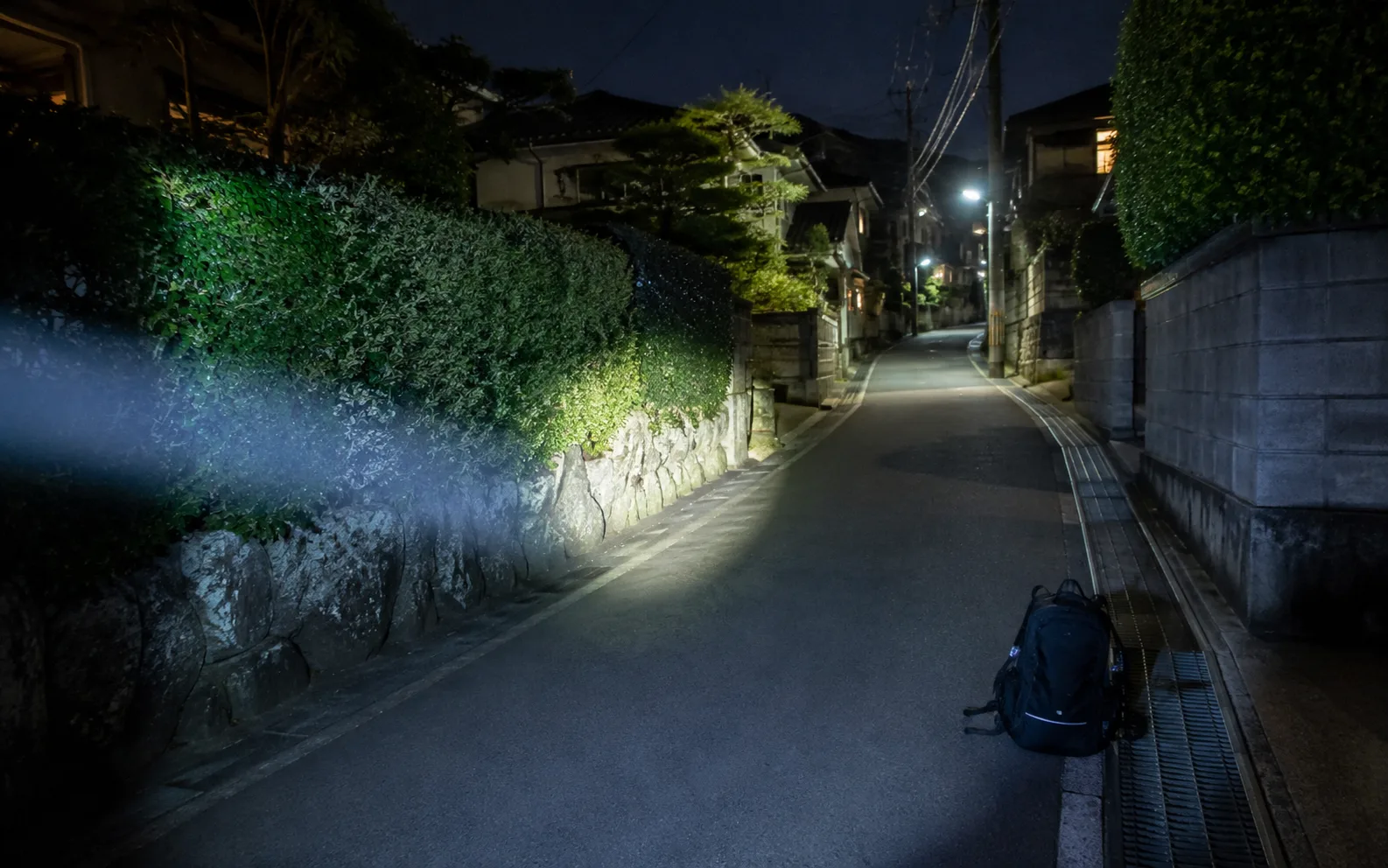 夜の住宅街を捜索する様子