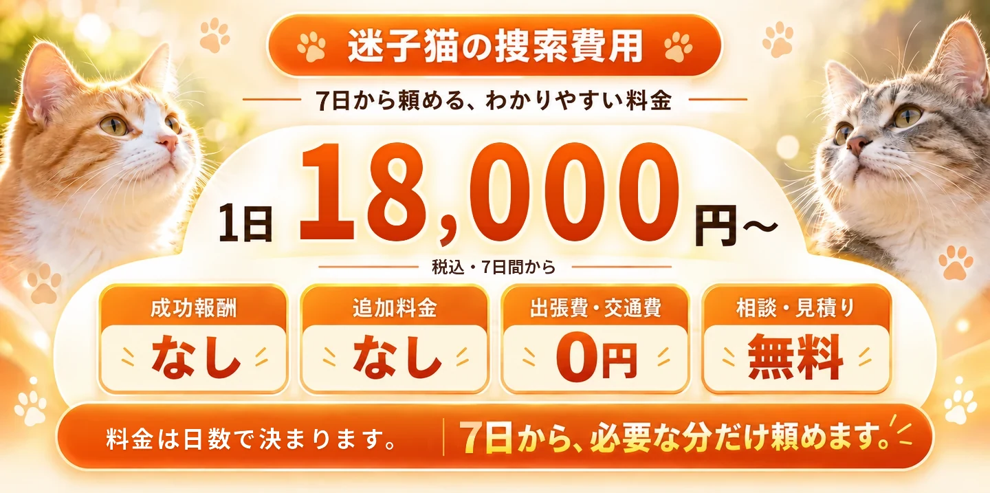 迷子猫の捜索費用｜7日から頼める、わかりやすい料金。1日18,000円（税込）〜、7日間から。成功報酬なし・追加料金なし・出張費・交通費0円・相談と見積りは無料。料金は日数で決まります。7日から、必要な分だけ頼めます。