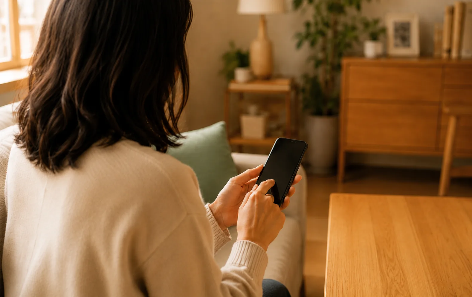自宅でスマホから問い合わせる様子