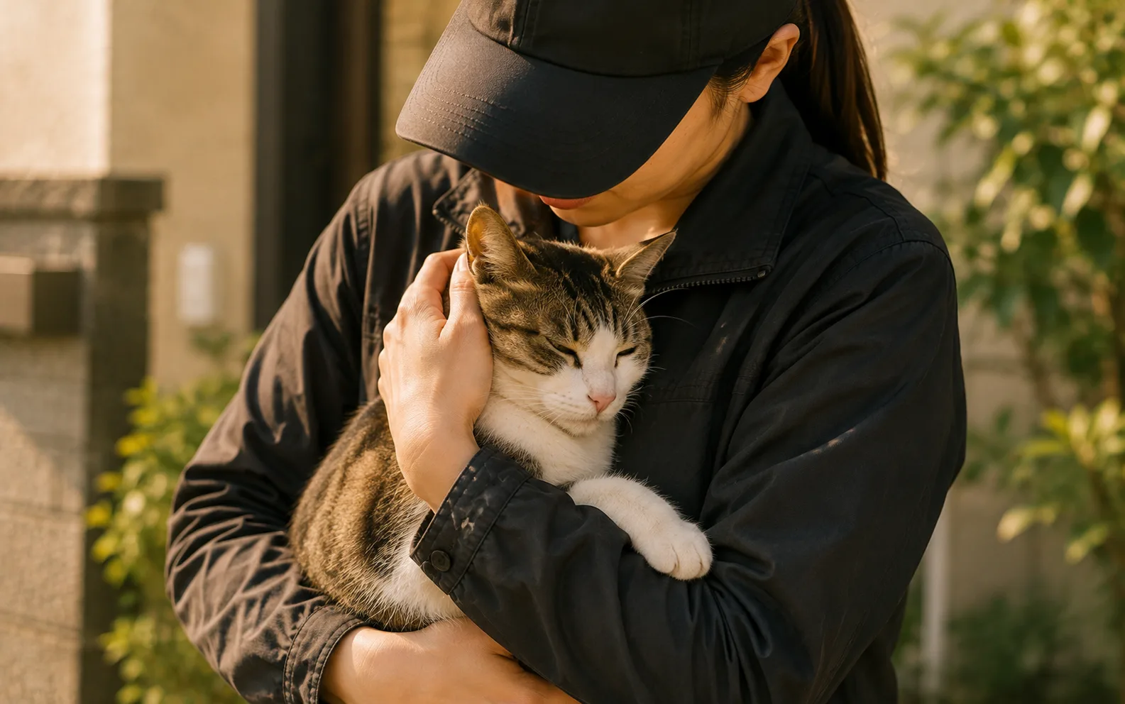 保護した猫をやさしく抱きかかえるスタッフ