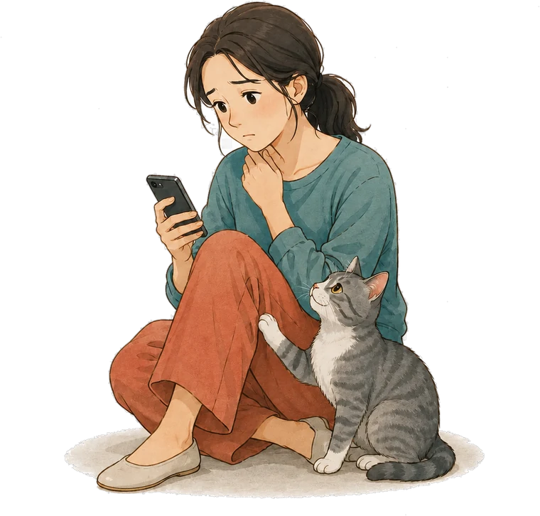 スマートフォンを見ながら、いなくなった猫のことを心配する飼い主と猫